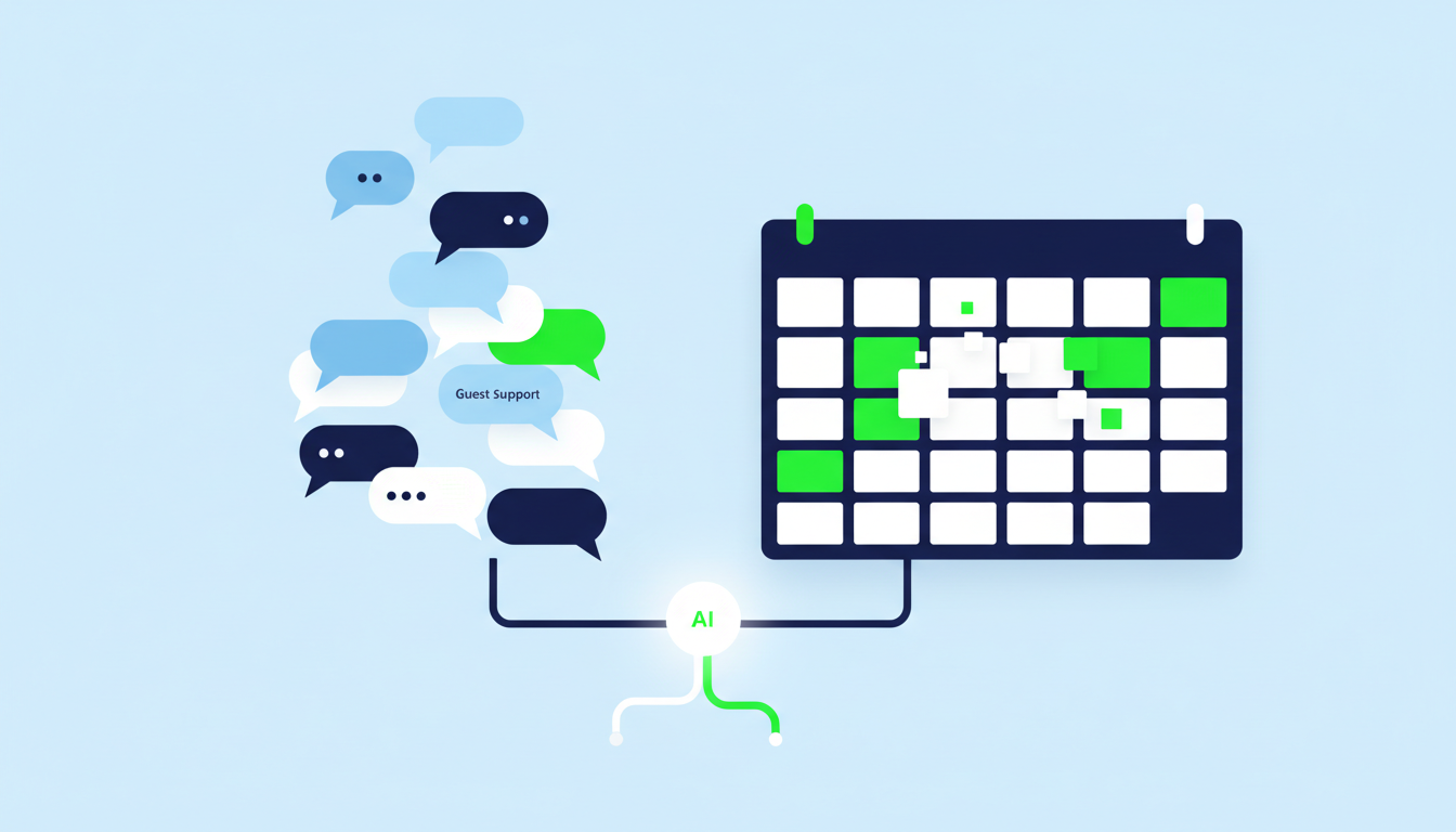 An abstract dashboard interface for HostReply's AI co-host, showing guest communication and calendar optimization features.