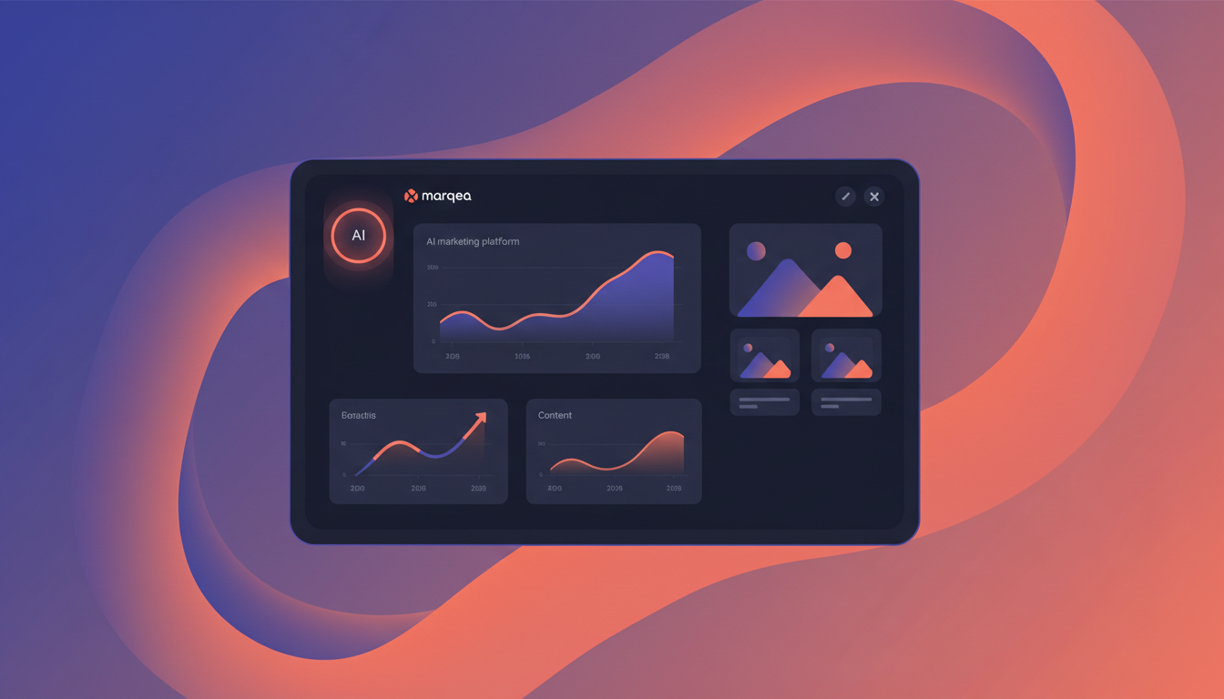 A mockup of the Marqea AI marketing platform dashboard, showing charts and content previews.
